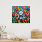 Poster Fluffy Gray Striped Cat with Folk Art Flowers (Cuisine)