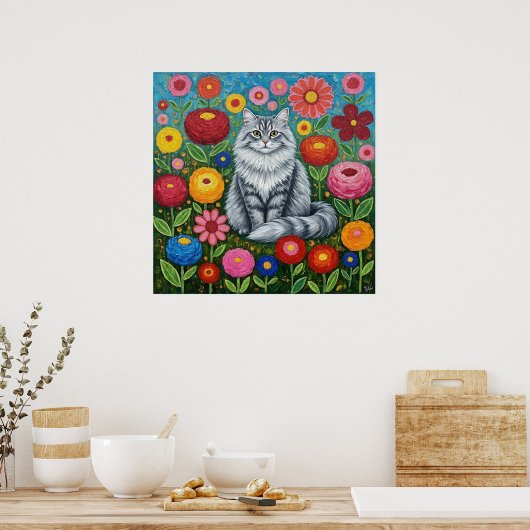 Poster Fluffy Gray Striped Cat with Folk Art Flowers (Cuisine)