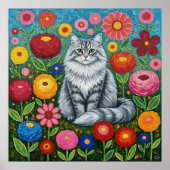 Poster Fluffy Gray Striped Cat with Folk Art Flowers (Devant)