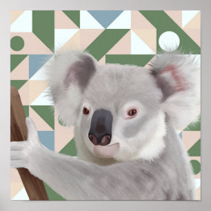 Poster Fluffy Koala Green Arrière - plan géométrique