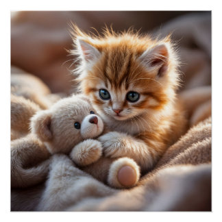 Poster Fluffy red kitten playing with a tiny teddy bear, 