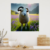 Poster Fluffy Sheep champ de fleurs violettes (Cuisine)