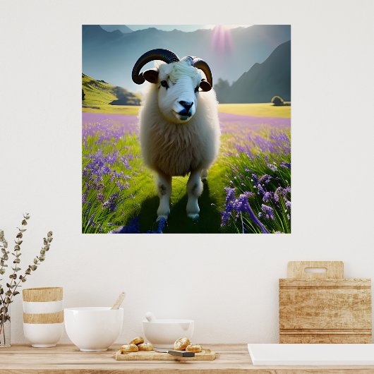 Poster Fluffy Sheep champ de fleurs violettes (Cuisine)