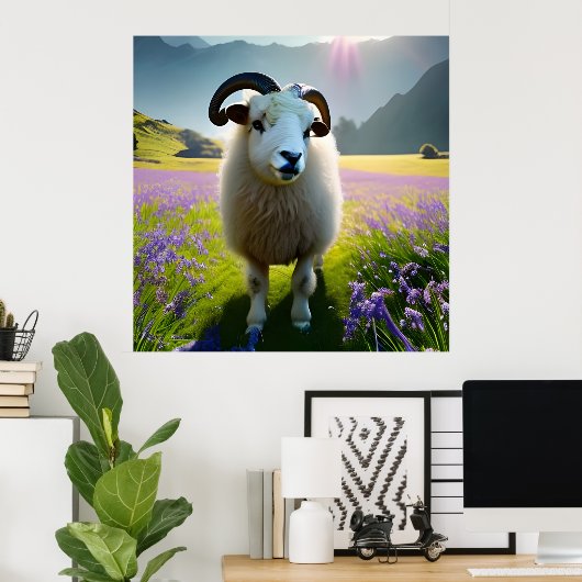 Poster Fluffy Sheep champ de fleurs violettes (Bureau à domicile)