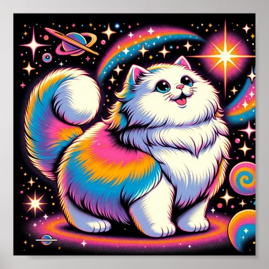 Poster Fluffy White Chat dans l'espace (Devant)