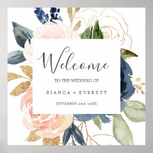 Poster Flush et Navy Flowers Mariage de bienvenue blanc