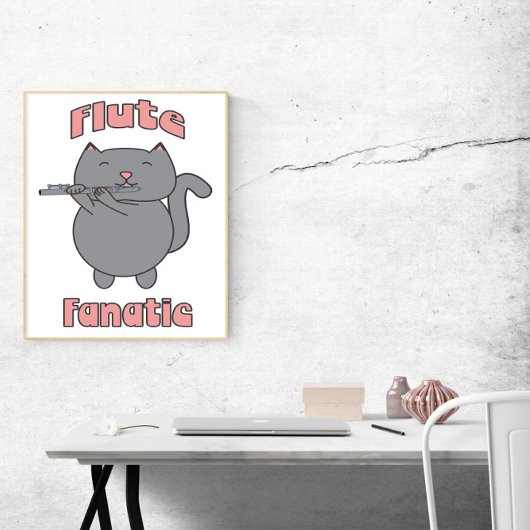 Poster Flute Fanatic Pink Gray Cat Funny