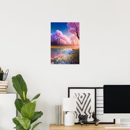 Poster Flux de cristal et champ de fleurs en floraison (Bureau à domicile)