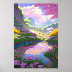 Poster Flux De Montagne, Fleuve Coloré Fleur Rempli