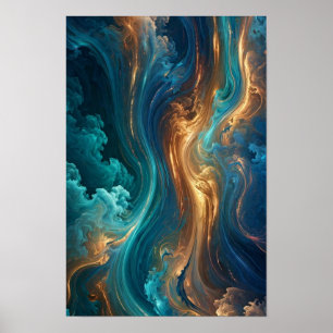 Poster Flux d'Or Océanique - Abstrait de Teal et de Cuivr