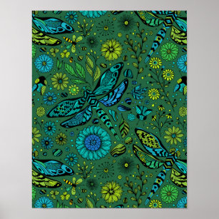Poster Fly, fly dragonfly on emerald green