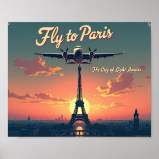 Poster Fly to Paris – 10"x8" Vintage 1950s Style