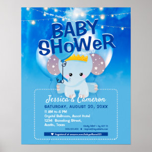 Poster Flyer de fête pour bébé avec éléphant bleu mignon