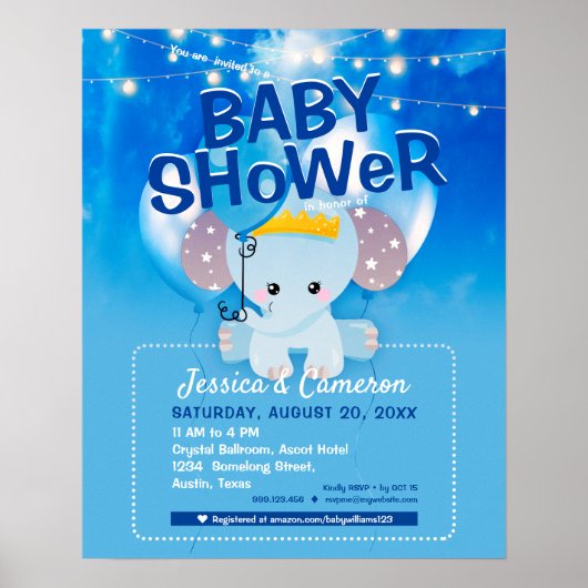 Poster Flyer de fête pour bébé avec éléphant bleu mignon (Devant)