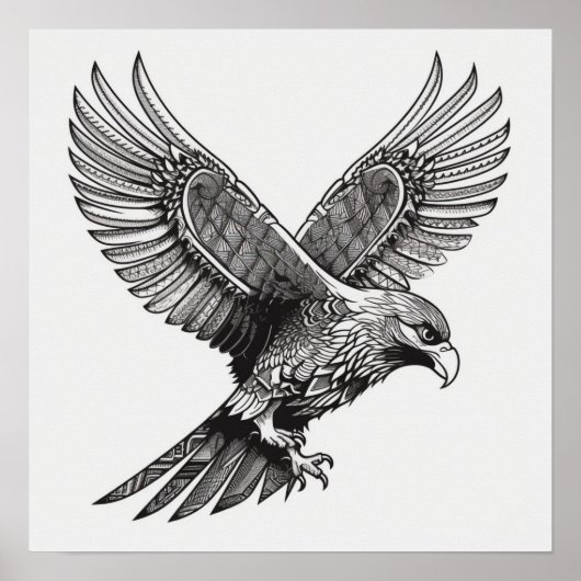 Poster Flying Bald Eagle Black and White Art, Heart Wings (Devant)