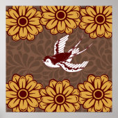 Poster Flying Bird with Flowers Damask Pattern (Devant)