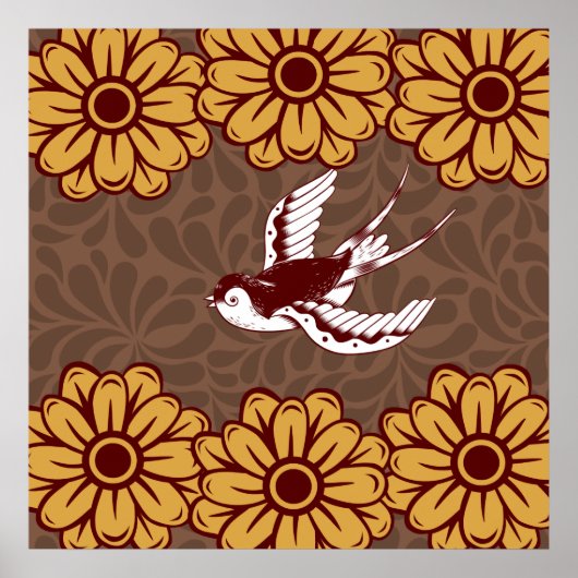 Poster Flying Bird with Flowers Damask Pattern (Devant)
