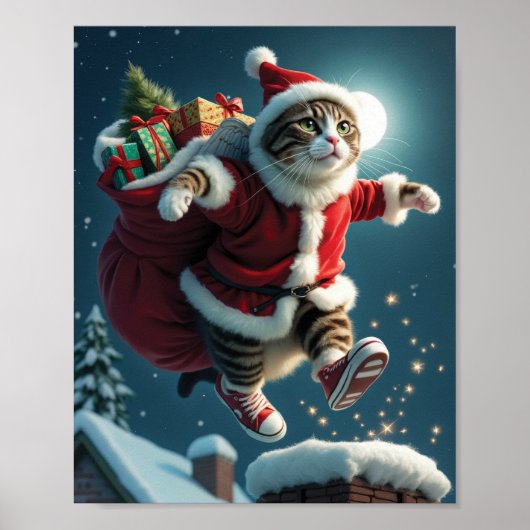Poster Flying Christmas Chat Père Noël avec cadeaux et ma (Devant)