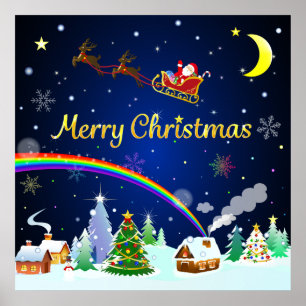 Poster Flying Santa Claus with Crescent Moon