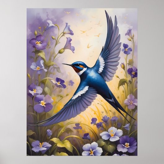 Poster Flying Swallow Field of Violet Flowers (Devant)