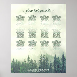 Poster Foggy Green Forest 12 Table Wedding Seating Chart