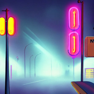 Poster Foggy Street Flooded by light poles and neon signs