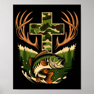 Poster Foi Camo Chasse Pêche Croix Pêcheur à la ligne Pêc
