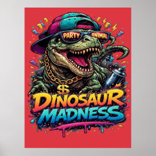 Poster Folie des dinosaures — Graphisme de T‑Rex fêtard