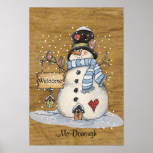 Poster Folk Art Snowman dans un vieux journal