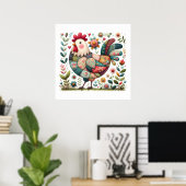 Poster Folk Patchwork Rooster with Floral Accents (Bureau à domicile)