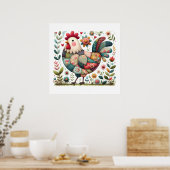 Poster Folk Patchwork Rooster with Floral Accents (Cuisine)