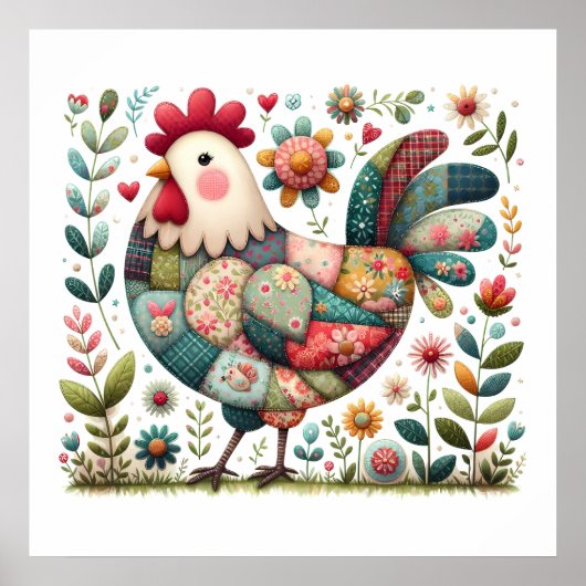 Poster Folk Patchwork Rooster with Floral Accents (Devant)