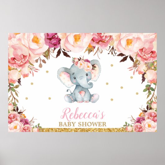 Poster Fond de fête de douche de bébé éléphant floral ros (Devant)