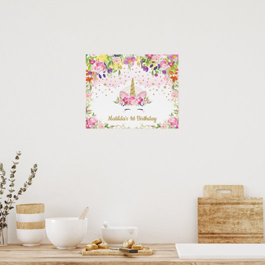 Poster Fond de joyanniversaire floral vibrant licorne mag (Cuisine)
