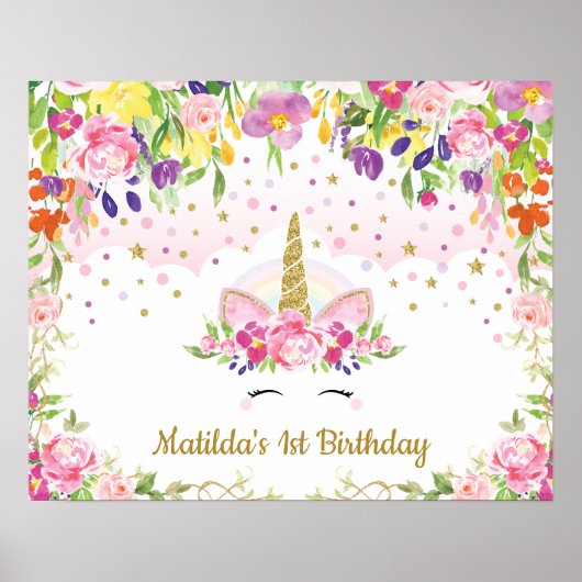 Poster Fond de joyeux anniversaire floral vibrant licorne (Devant)