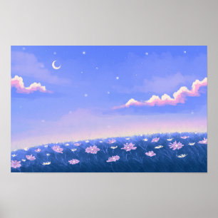 Poster Fond d'écran kawaii mignon avec jardin nocturne