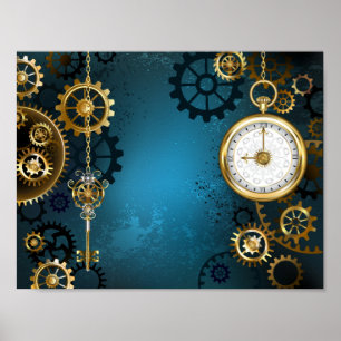 Poster Fond turquoise Steampun avec engrenages