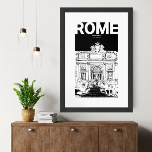 Poster Fontaine de Rome Trevi Noir Blanc Sketch de voyage