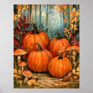 Poster Forêt automnale avec citrouilles et champignons,