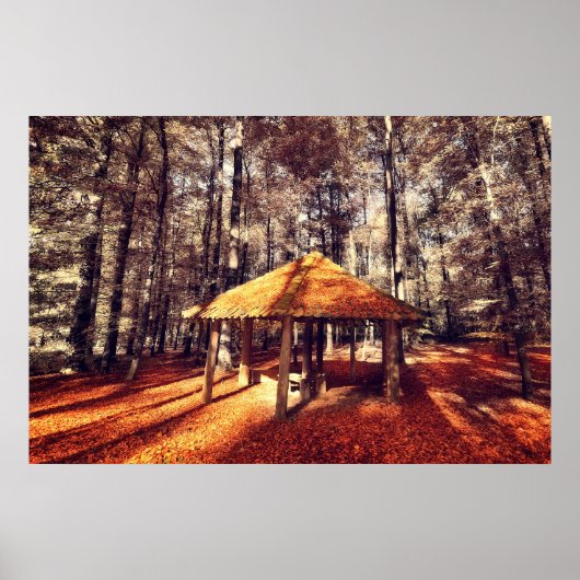 Poster Forêt automnale et chalet (Devant)