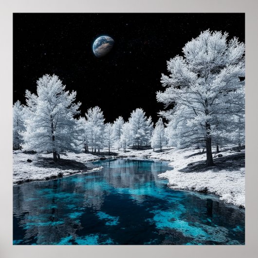 Poster Forêt couverte de neige et lac paisible sous ciel (Devant)