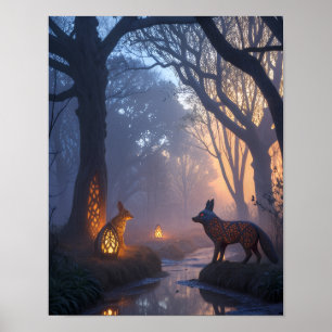 Poster Forêt crépusculaire lumineuse avec animaux en bois
