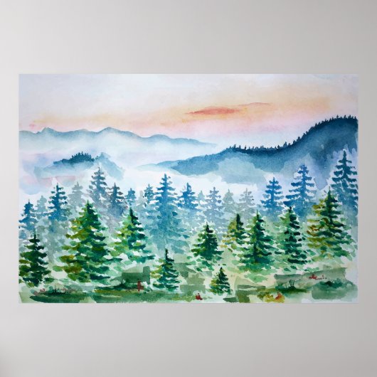 Poster Forêt d'aquarelles et montagnes (Devant)