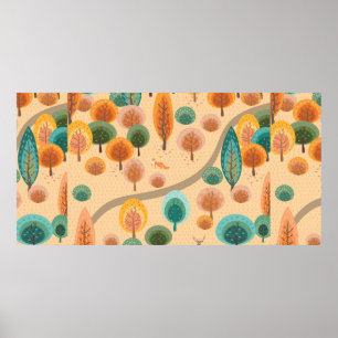Poster Forêt d'automne avec arbres abstraits à main plat
