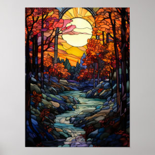 Poster Forêt d'automne en verre coloré avec ruisseau de m