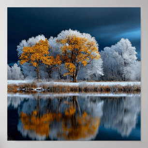 Poster Forêt d'automne Lac enneigé Transition vers l'hive