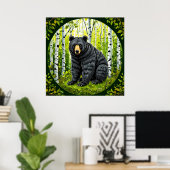 Poster Forêt de bouleaux Sérénité Ours noir Sauvagerie (Bureau à domicile)