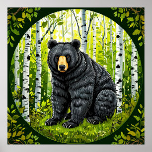 Poster Forêt de bouleaux Sérénité Ours noir Sauvagerie