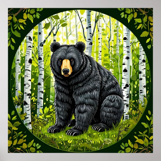 Poster Forêt de bouleaux Sérénité Ours noir Sauvagerie (Devant)