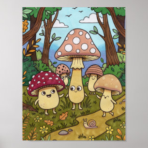 Poster Forêt de champignons mignons Bois Champignon fanta